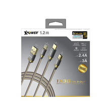 將圖片載入圖庫檢視器 XPower 1X3G 鍍金1出3高速充電編織線